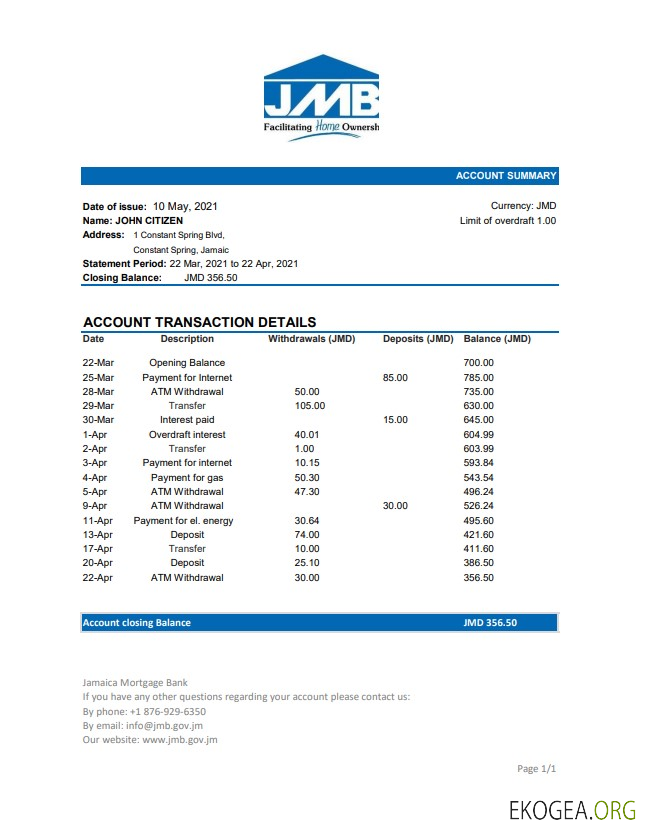 Modèle de relevé de la Jamaica Mortgage Bank facile à remplir au format Excel et PDF